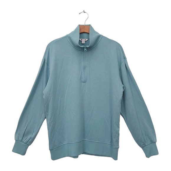 Three Dots Sweatshirt Womens Medium Green 1/4 Zip High Neck Knit Cozy - Picture 1 of 11